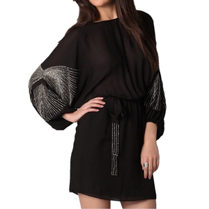 Parker silk dress with batwing beaded sleeves wing pattern